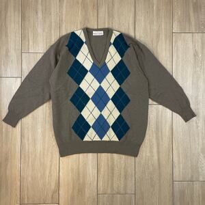 Vintage Lambswool Argyle Sweater Mens 46 Made in Scotland V Neck Wool